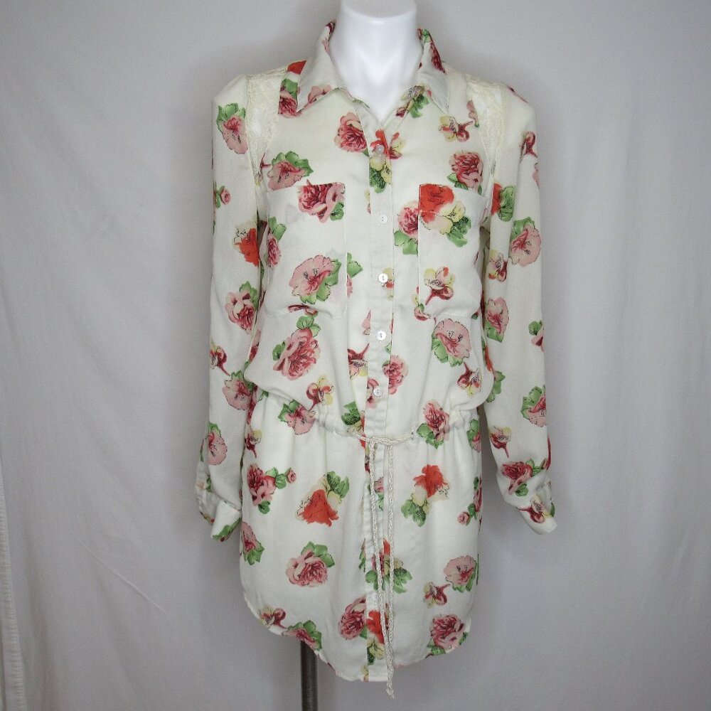 Miss Me Cream Floral Boho Tie Waist Tunic Top Tab Roll Sleeve  Women's S Small